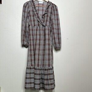 ASOS DESIGN MIDI SMOCK DRESS FRILL NECK BLACK & RUST CHECK PRINT SIZE 4P